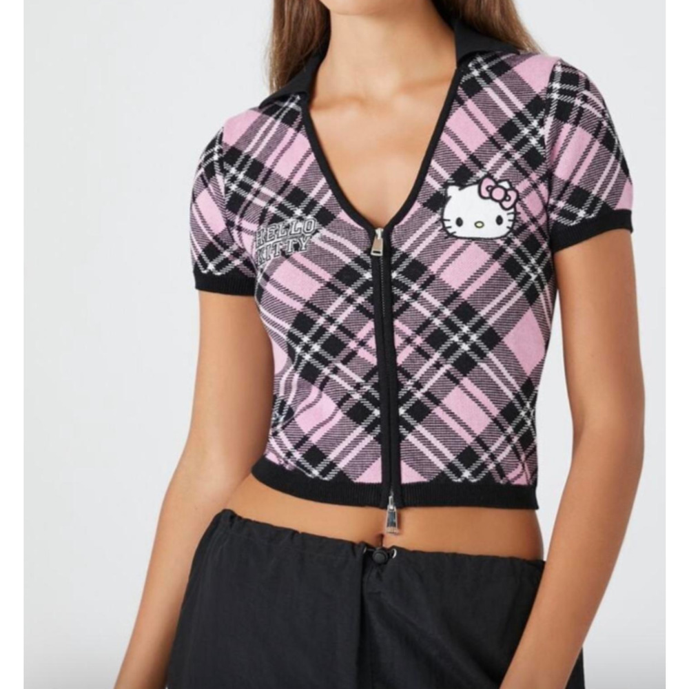 Hello Kitty x Forever 21 Grunge Goth Whimsigoth Polo Pink Black Plaid Kpop Sz S